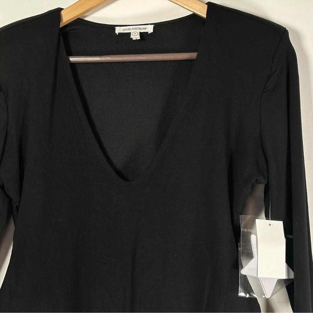 Good American Black Low Down Deep V Bodysuit Large New Shoulder Pad Long Sleeve - Picture 5 of 12